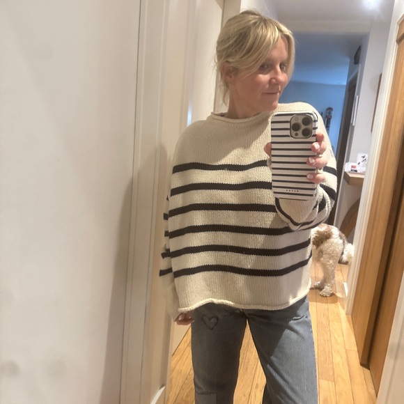 Olive wool roll neck striped sweater size large.  Worm once. - Picture 7 of 9